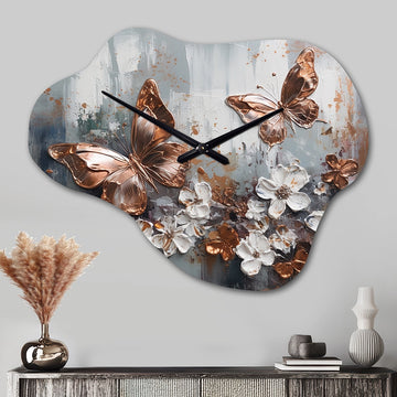Rose Gold Butterfly Wings And Flowers III - Asymmetric Metal Wall Clock
